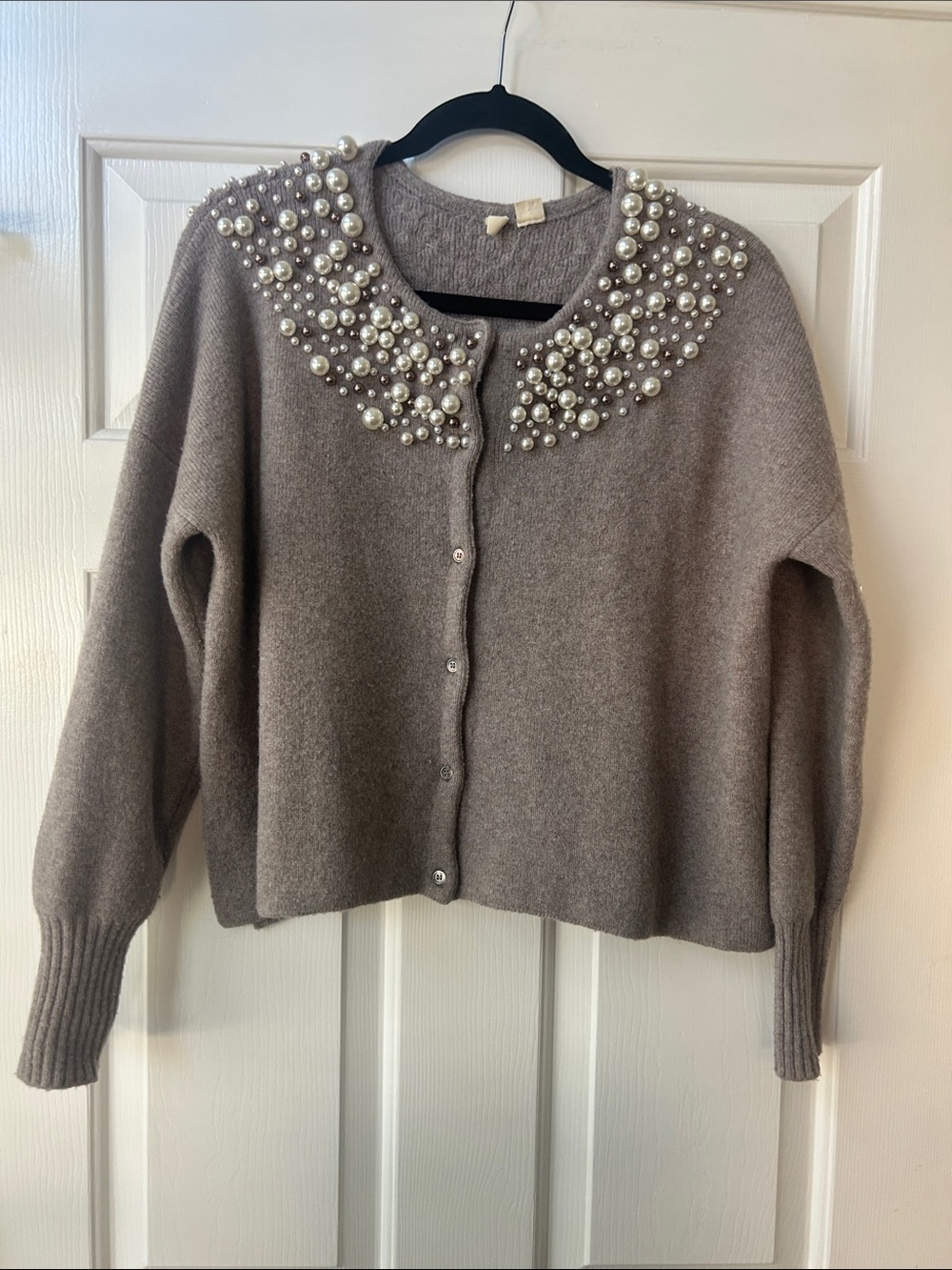 Moth Taupe Pearl-Embellished Collar Cardigan